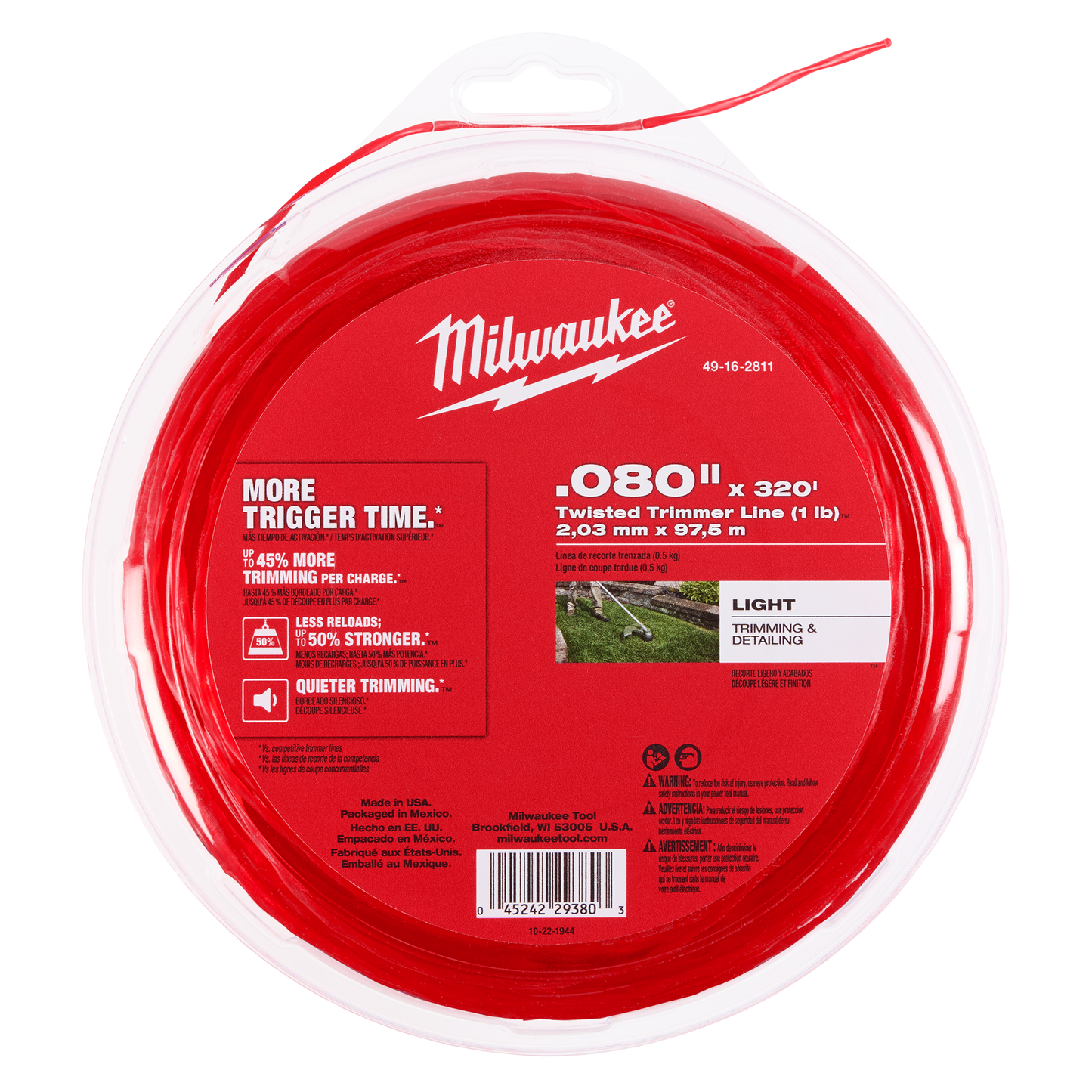 Red spool of twisted trimmer line designed for light trimming and detailing in tools and home improvement tasks