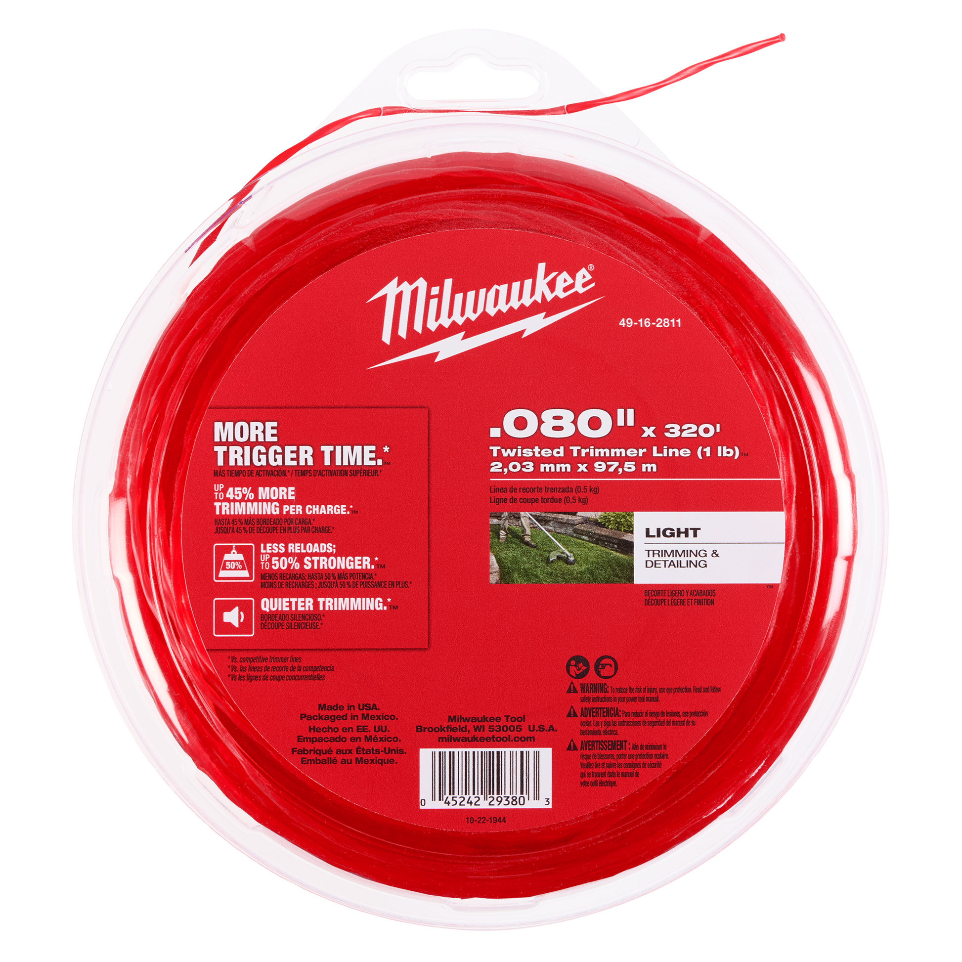Red spool of twisted trimmer line designed for light trimming and detailing in tools and home improvement tasks