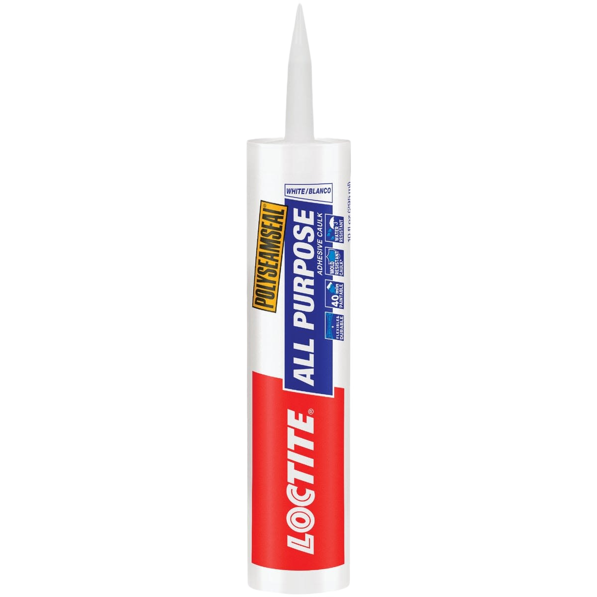 Tube of white all-purpose adhesive caulk for sealing and bonding in home improvement projects