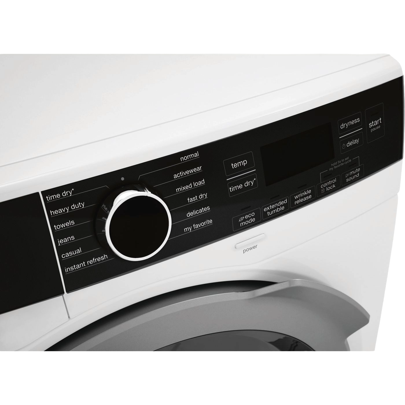 Close-up of control panel on white 24-inch compact front load ventless dryer from dryers appliance collection