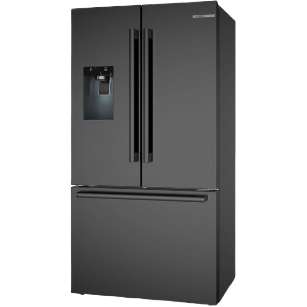 36-inch black stainless steel French door refrigerator with bottom freezer and external water dispenser in Bosch Appliances collection
