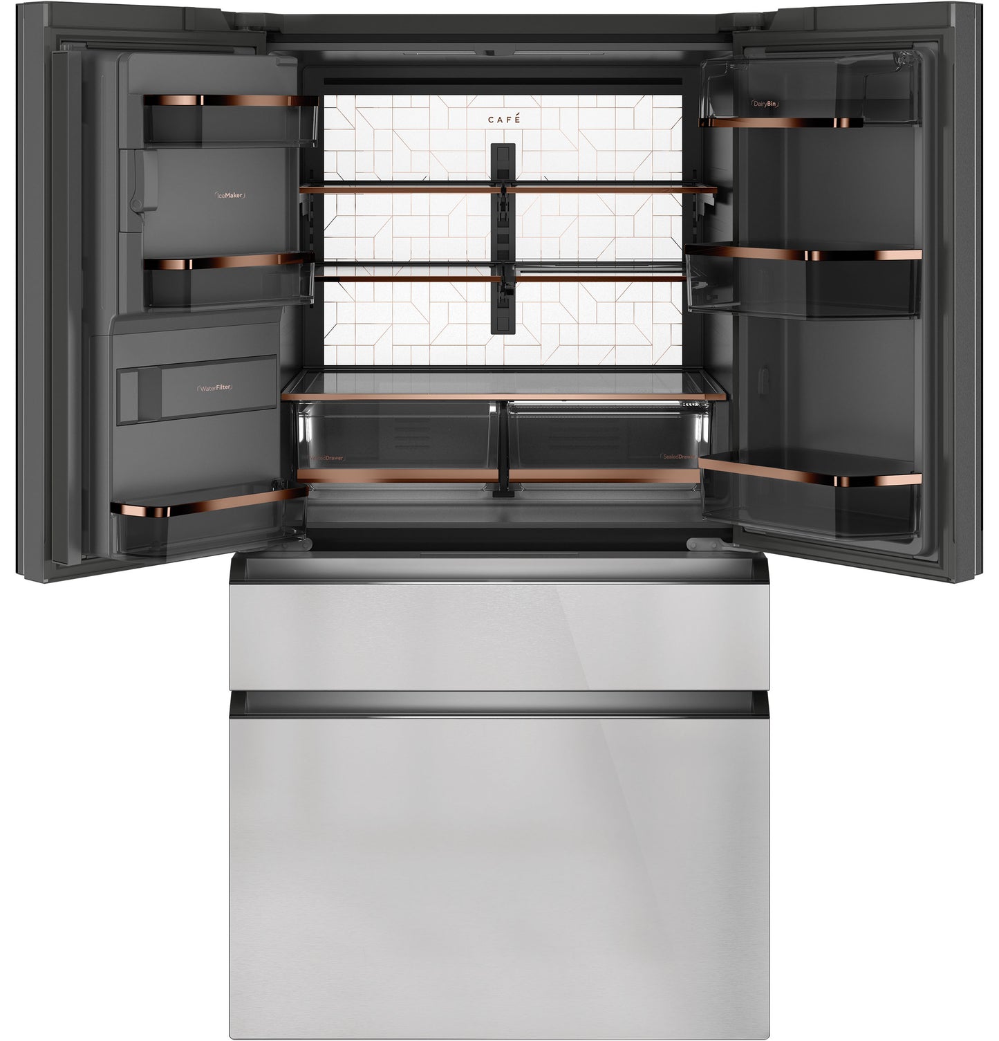 Open smart 4-door refrigerator in platinum glass with adjustable shelves and spacious bottom freezer drawers from kitchen appliances collection