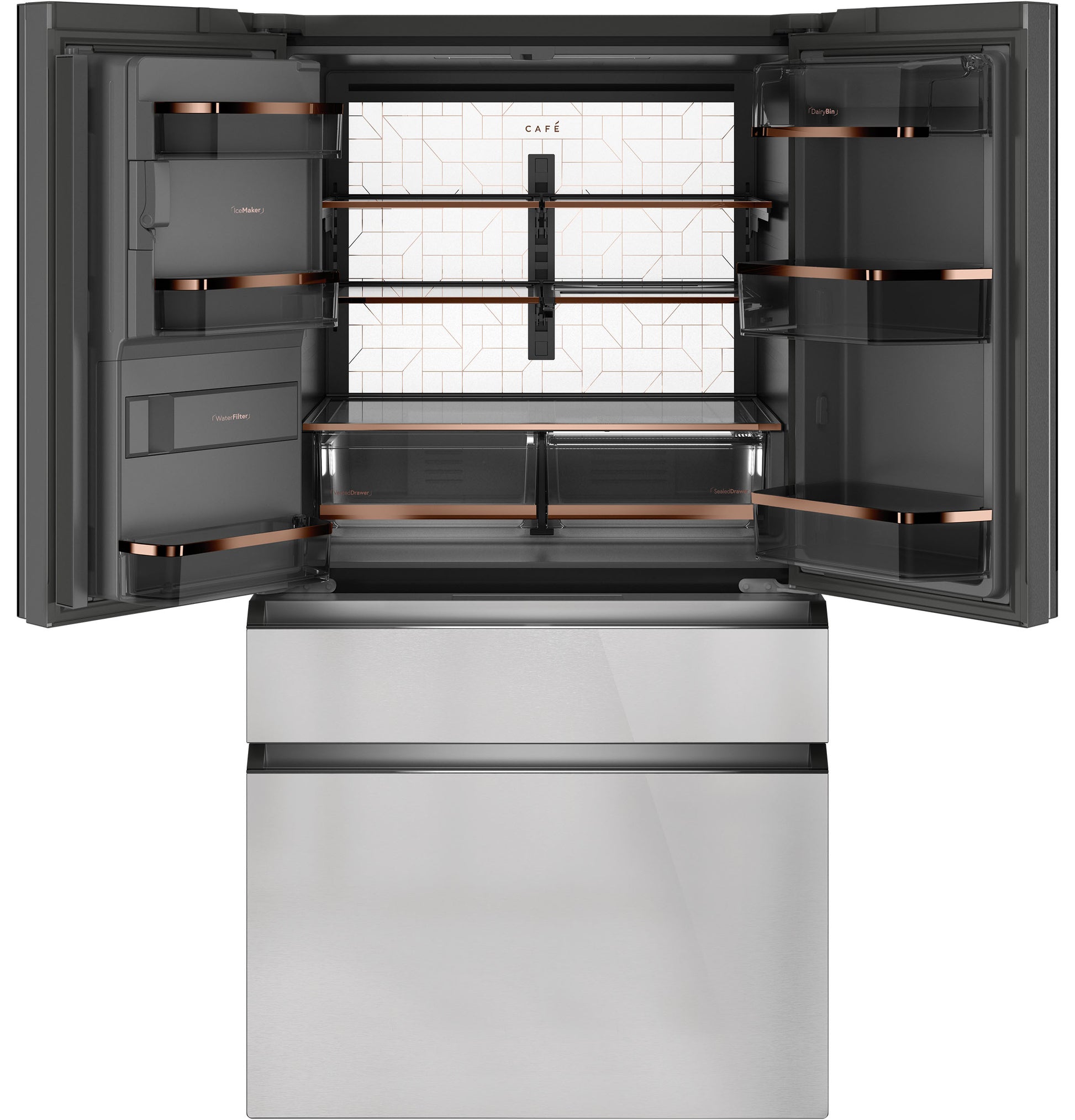 Open smart 4-door refrigerator in platinum glass with adjustable shelves and spacious bottom freezer drawers from kitchen appliances collection