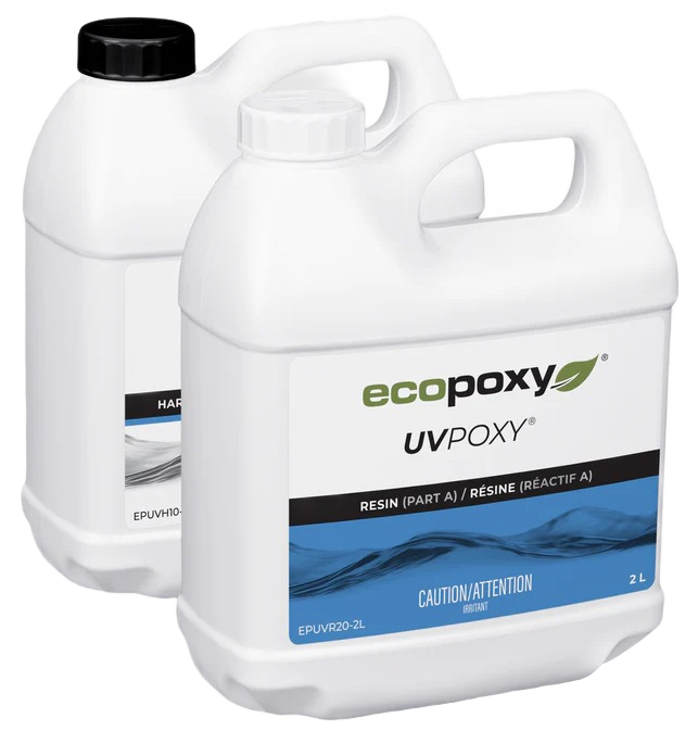 Two white plastic containers of UV-resistant epoxy resin and hardener from Ecopoxy in wood sealers and finishes collection