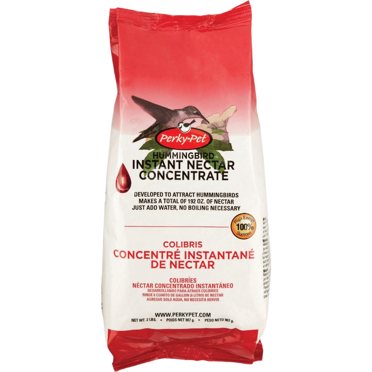 Red and white packet of hummingbird nectar powder concentrate with bird illustration and preparation instructions