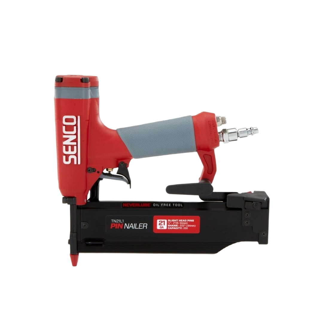 Compact red and gray pneumatic pin nailer with ergonomic handle for precise home improvement fastening tasks