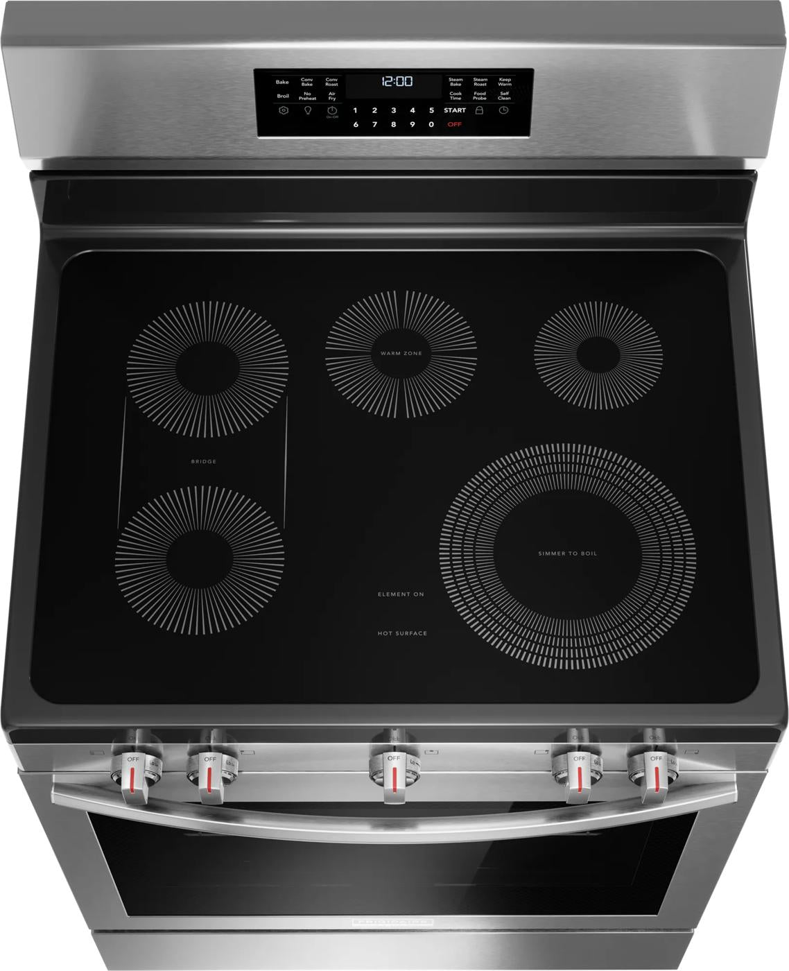 Top view of stainless steel electric range with smooth glass cooktop and rear digital control panel in kitchen appliances collection