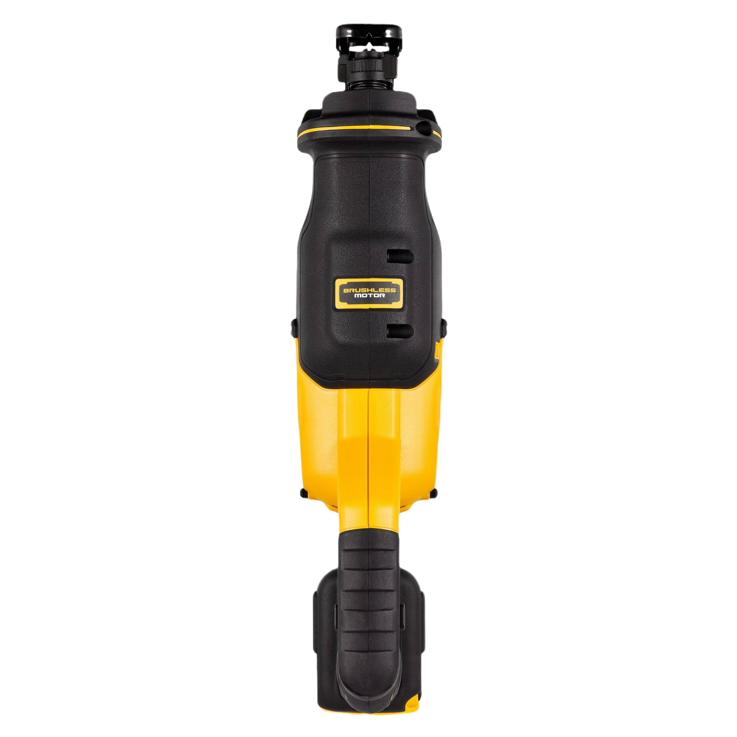 Yellow and black brushless cordless reciprocating saw with ergonomic grip for woodworking and home improvement tasks