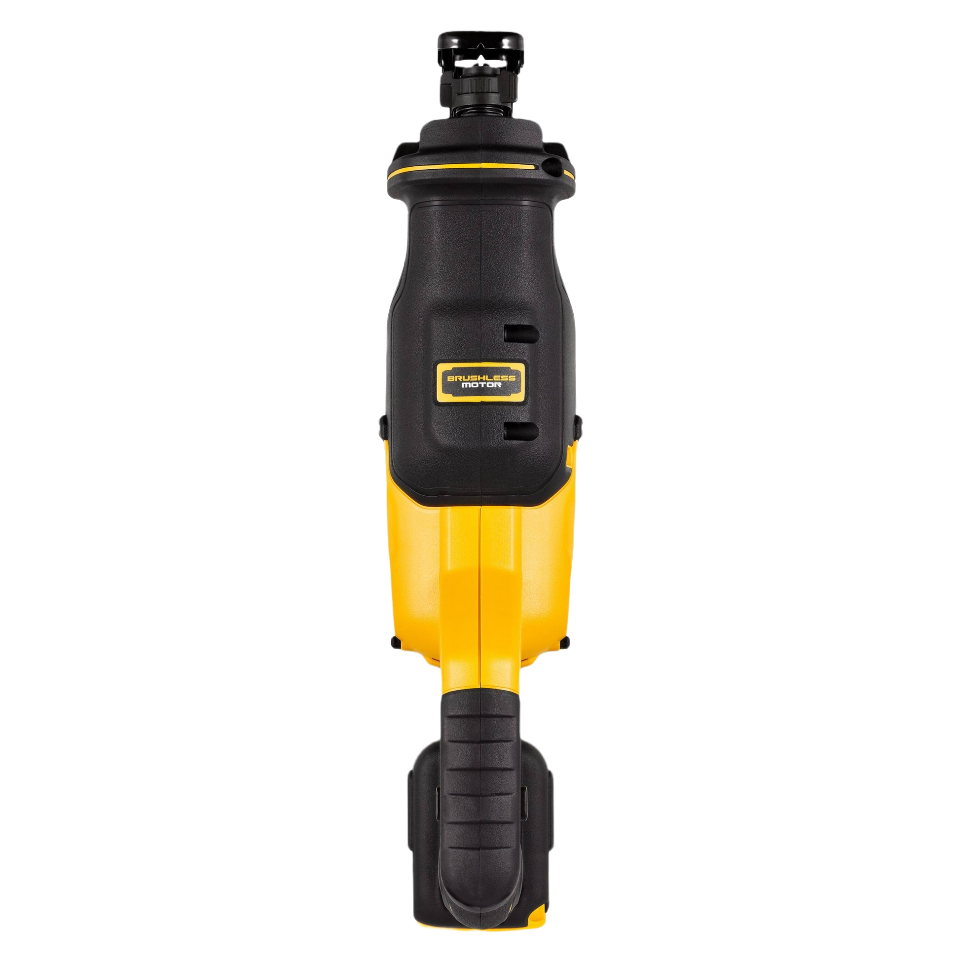 Yellow and black brushless cordless reciprocating saw with ergonomic grip for woodworking and home improvement tasks