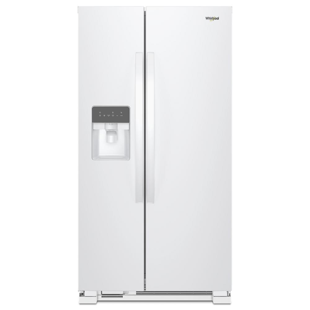 White Whirlpool side-by-side refrigerator with built-in ice and water dispenser in kitchen appliance collections