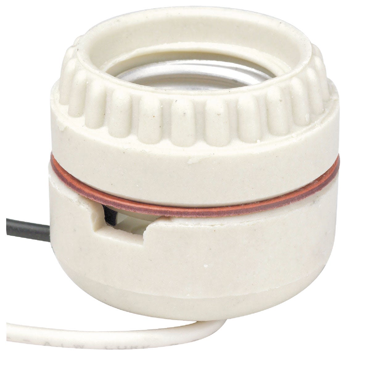 White porcelain keyless lamp socket with 9-inch wire lead for lighting and electrical parts accessories collection