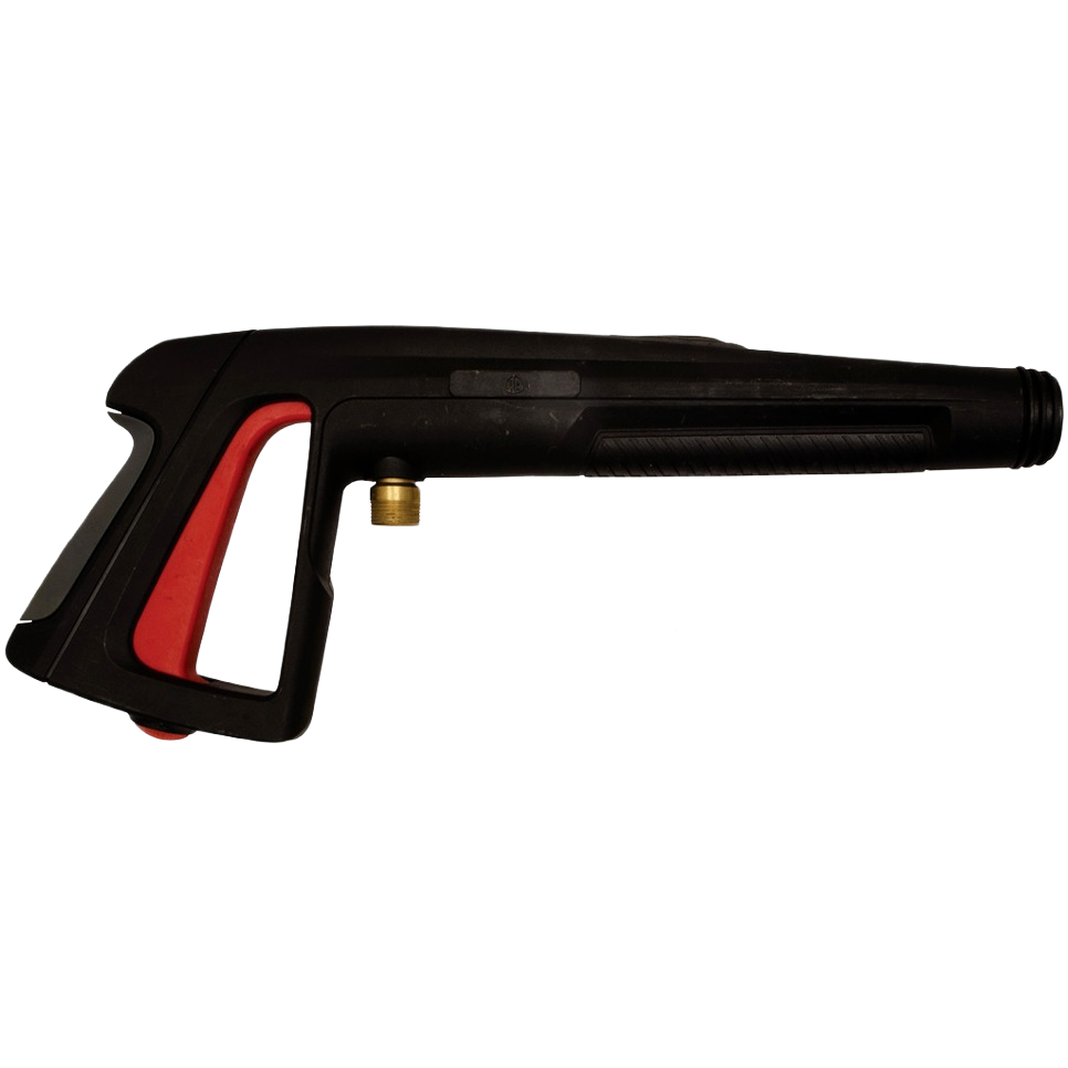 Black and red pressure washer spray gun handle with brass connector for home improvement and tool use