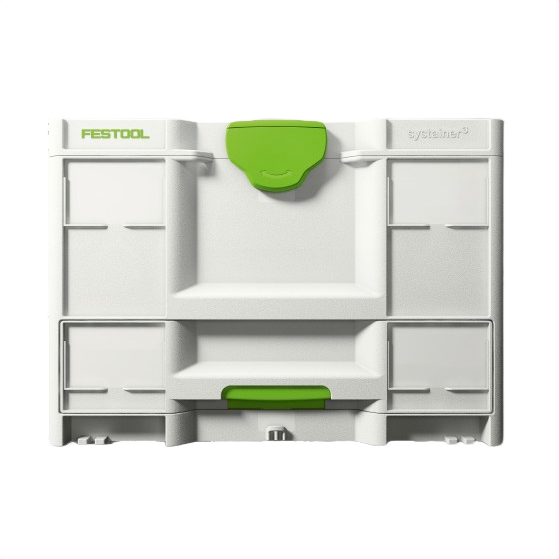 White and green Festool Systainer interlocking tool storage box for workshop and jobsite organization
