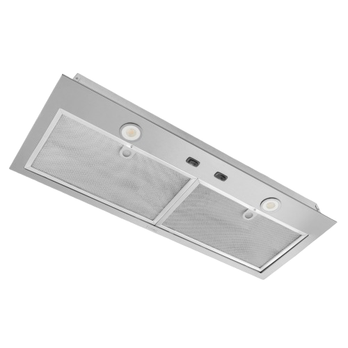 stainless steel under-cabinet power pack insert with dual mesh filters and integrated LED lights for kitchen range hood