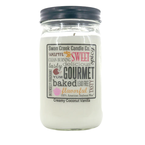 Opaque pantry jar candle with black lid and decorative label featuring flavor-inspired text in various fonts and colors
