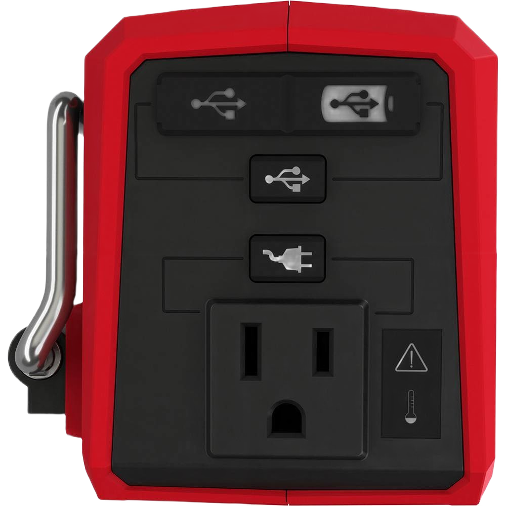 Compact red and black Milwaukee power supply with USB ports and AC outlet for portable power and tool accessories collections