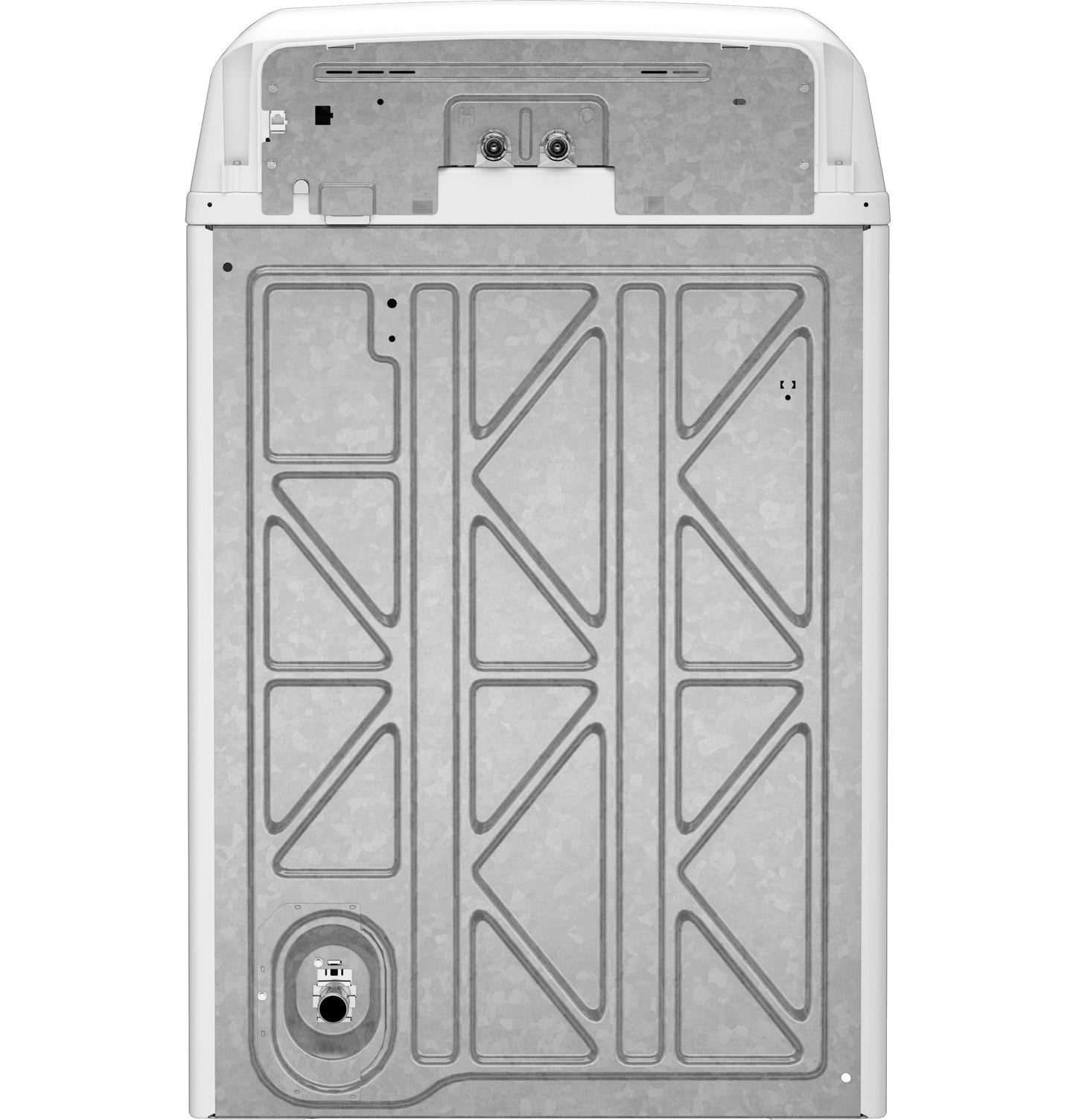 Back panel of a top load washer showing internal structural design and connection points for water and power in appliances collection.