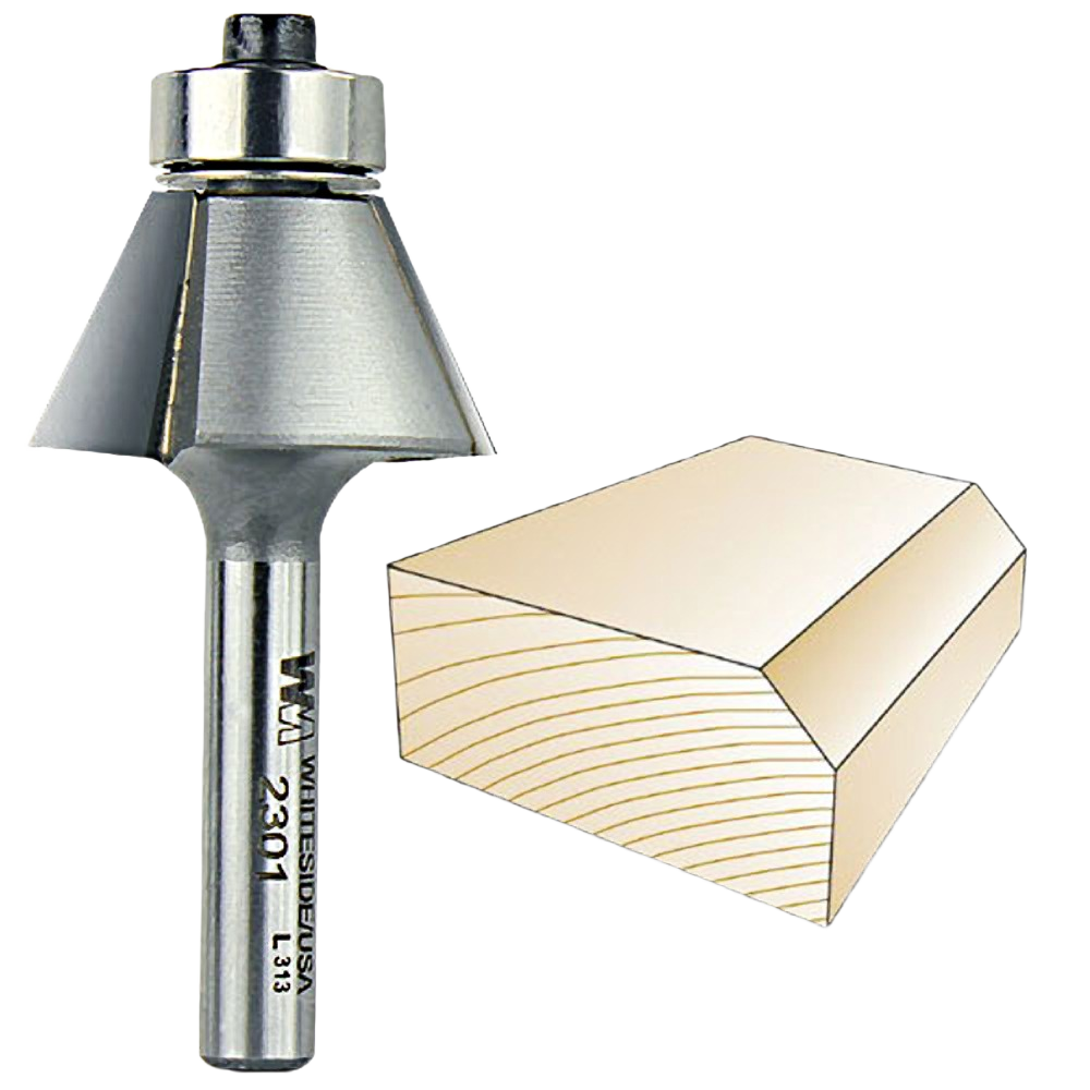 Whiteside carbide edge bevel bit with bevelled wood block showcasing precise woodworking tool accessories under $50