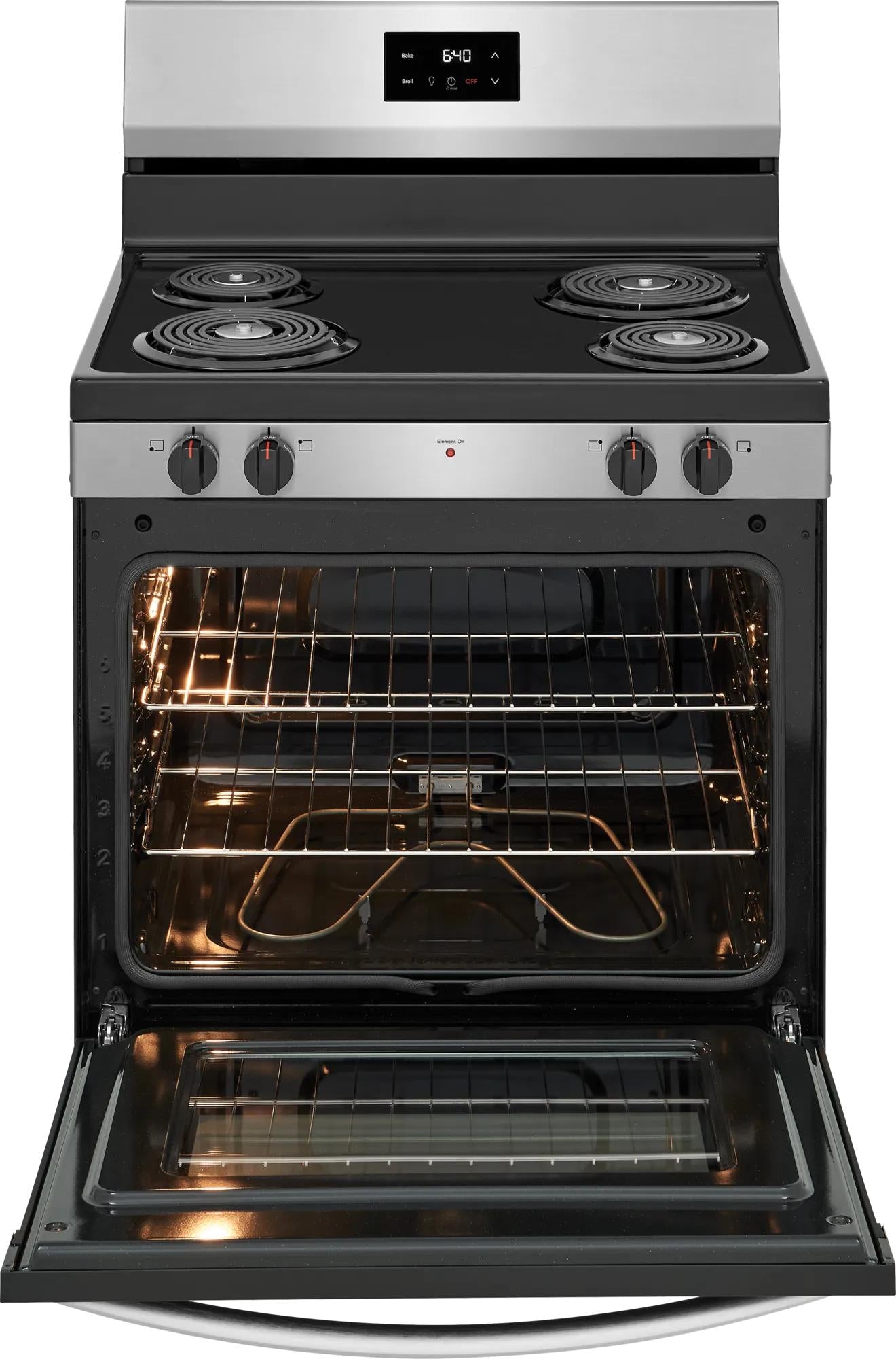 Freestanding 30-inch electric range with stainless steel finish, coil cooktop, digital display, and open oven for kitchen collections