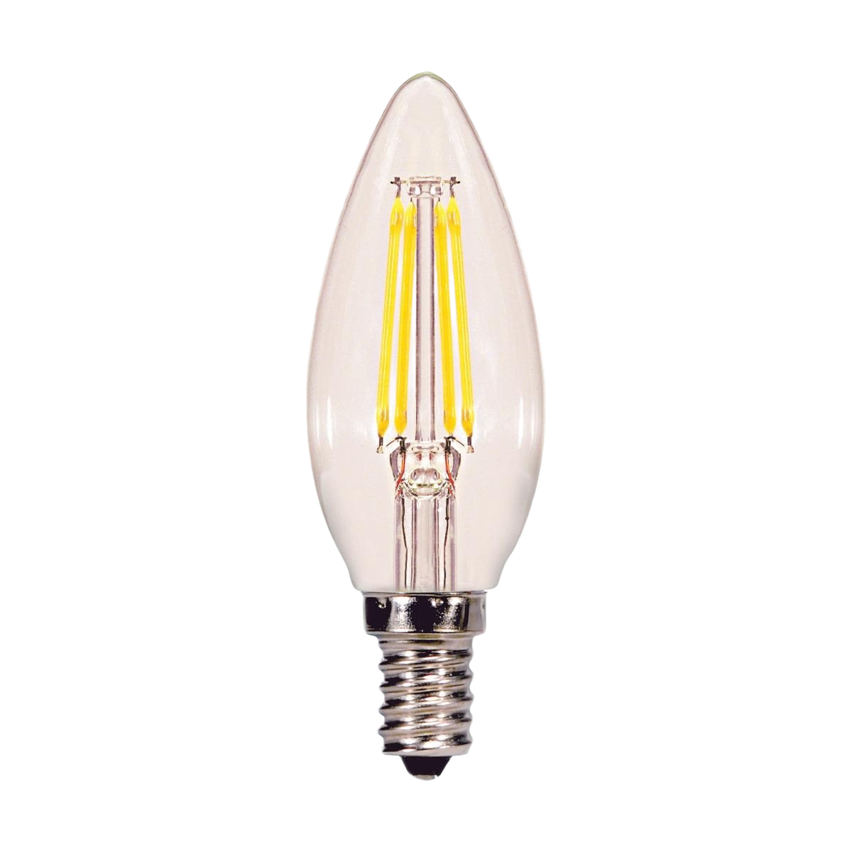 Clear B11 candelabra style LED light bulb with visible filaments for decorative home lighting and electrical use