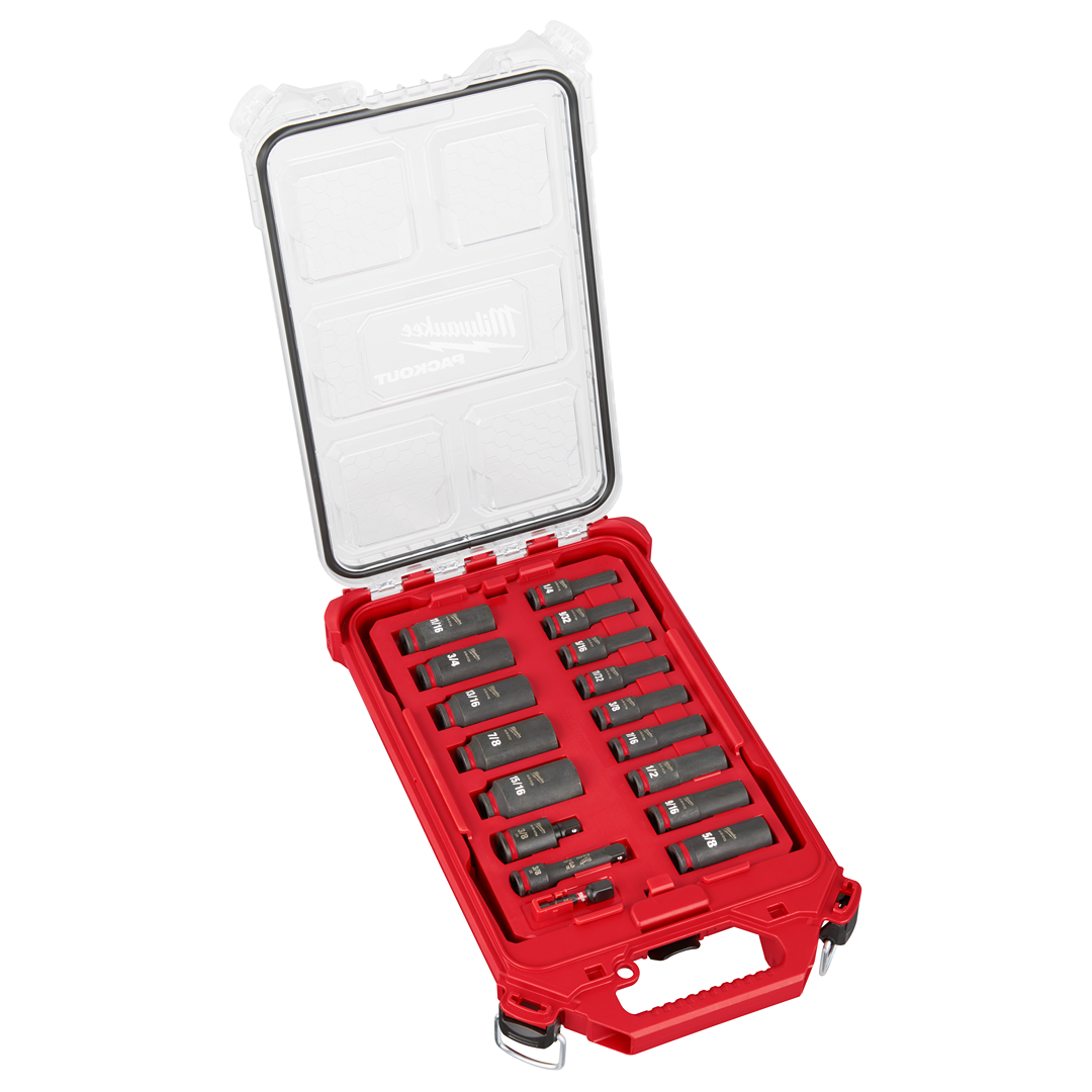 Red compact case with impact duty sockets and accessories organized inside for tools and home improvement use