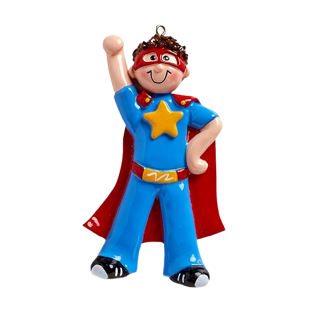 Playful boy superhero ornament wearing red cape and mask from Christmas Ornaments & Tree Decorations collection under $50