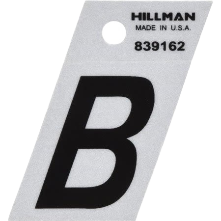 Black and silver reflective Mylar sticker letter B with angled cut for tool labeling and home improvement projects