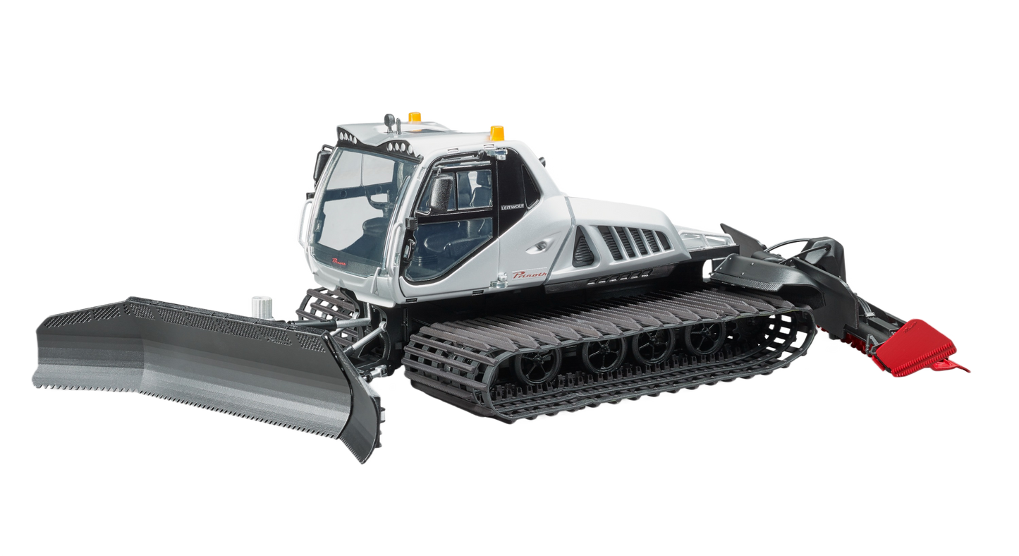 Scale model of Prinoth Leitwolf snow grooming machine with tracked wheels and front and rear grooming blades