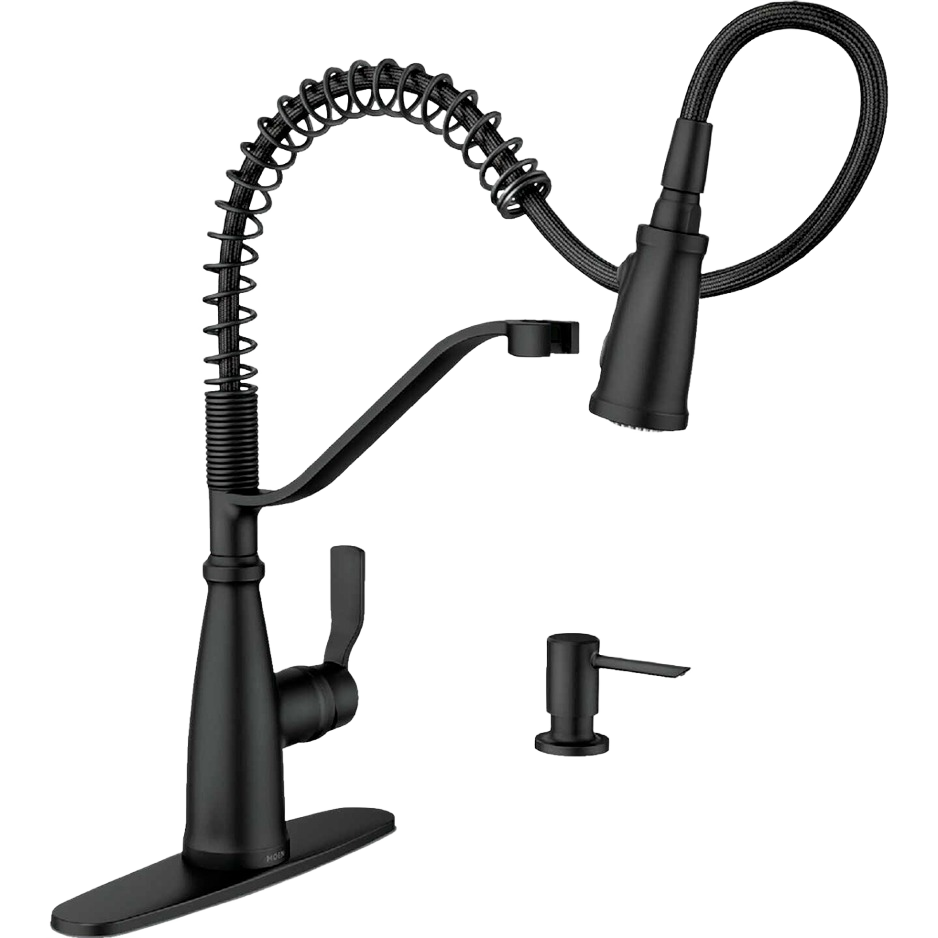 Matte black high arc pulldown kitchen faucet with single handle and matching soap dispenser in kitchen sink faucets collection