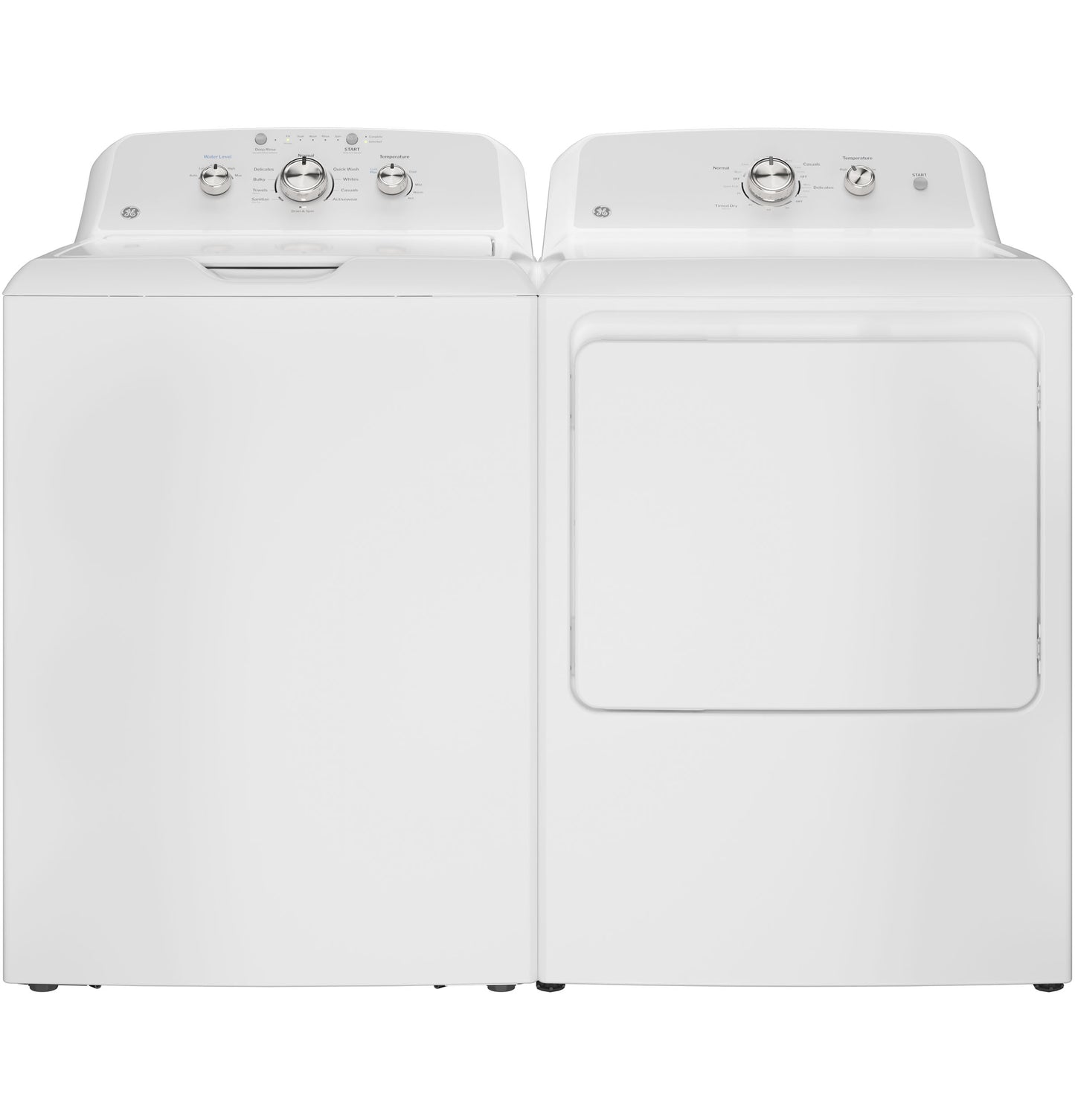 White top load washer and electric dryer pair with classic dial controls in bright laundry room setting for home use