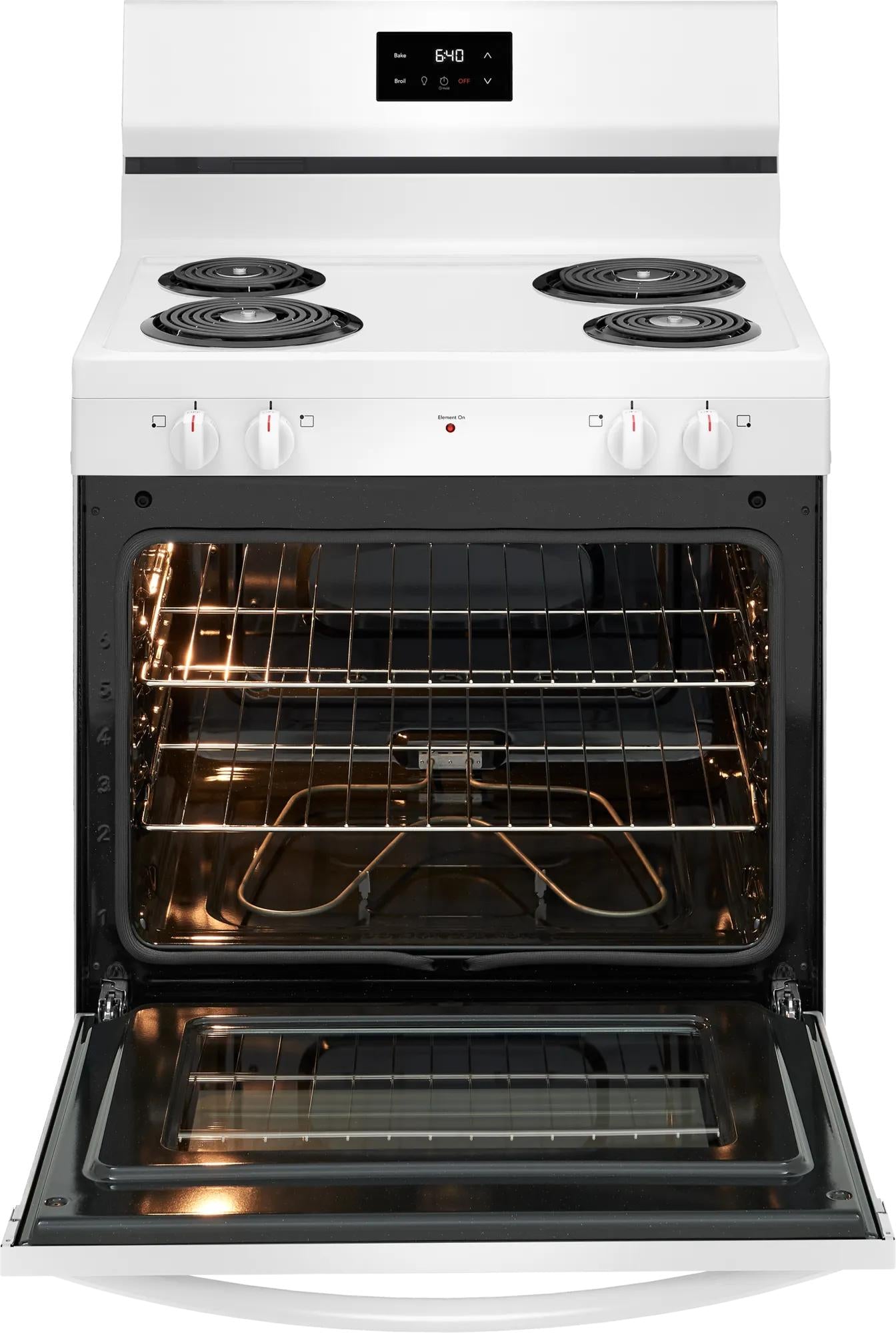 White 30-inch electric range with four coil burners, digital control panel, and open oven with interior racks from Ranges collection