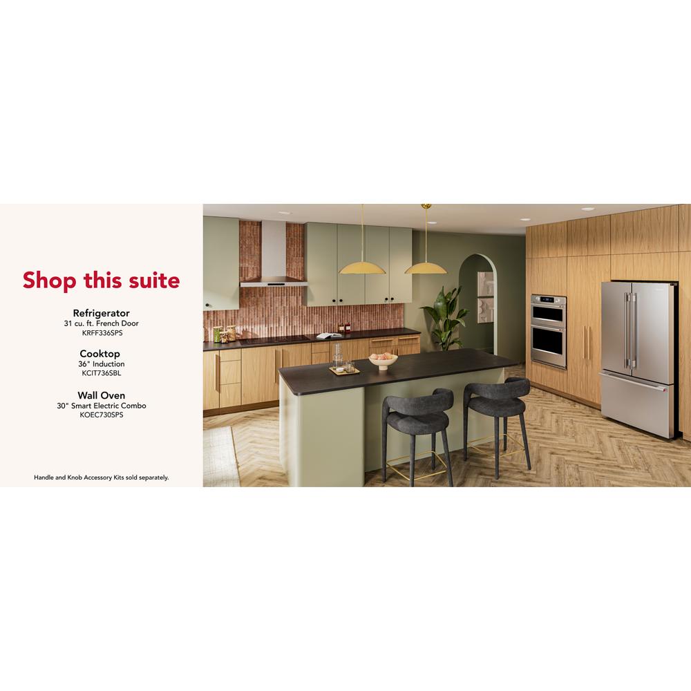 Modern kitchen featuring stainless steel French door refrigerator, built-in double wall oven, and island with seating in wood cabinetry setting