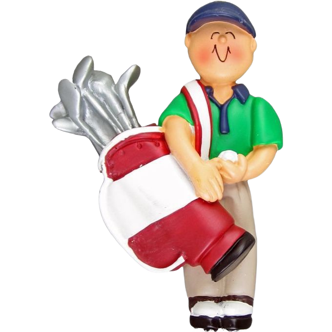 Smiling male golfer figurine carrying red and white golf bag ornament in Christmas Ornaments & Tree Decorations collection