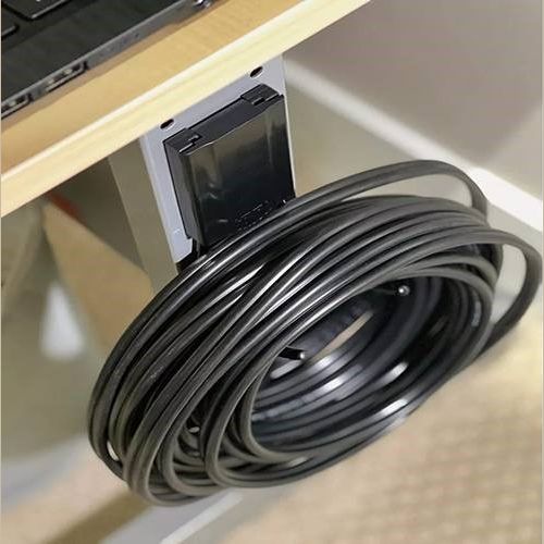 Black open magnetic hook mounted under wooden shelf holding coiled cable, Hardware and Storage & Organization collections
