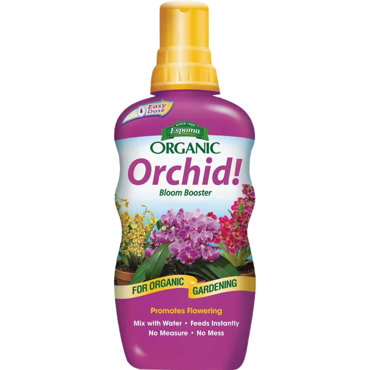 Purple bottle of organic orchid liquid plant food with yellow cap for plant care and gardening under $50