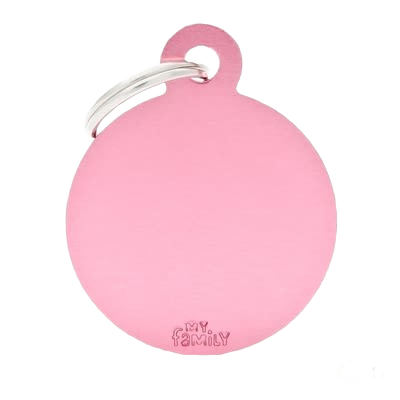 Large pink round ID tag with metal ring attachment for personalized identification and pet safety purposes