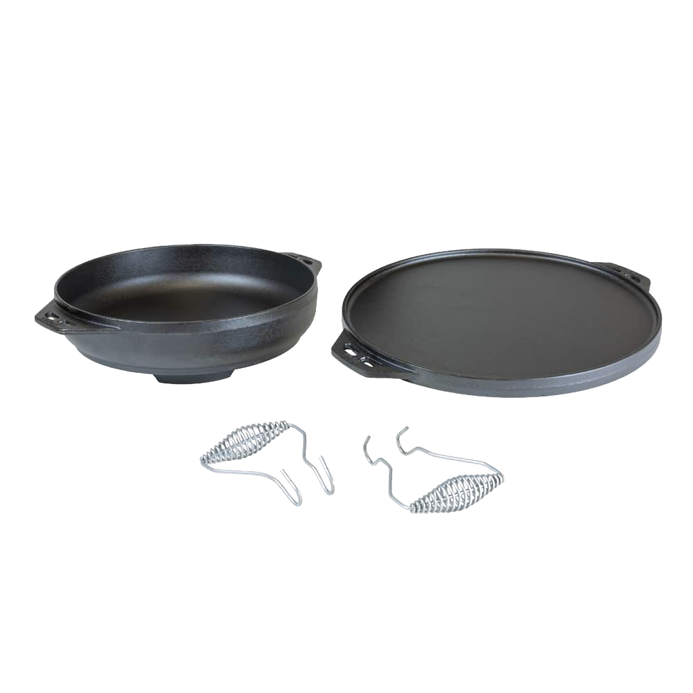 Two black cast iron pans, one deep and one flat, with two metal coil handle grips from Lodge Cast Iron collection.