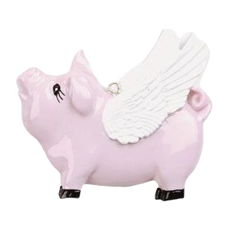 Pink ceramic pig ornament with white wings and black hooves for Christmas Ornaments & Tree Decorations collection under $50