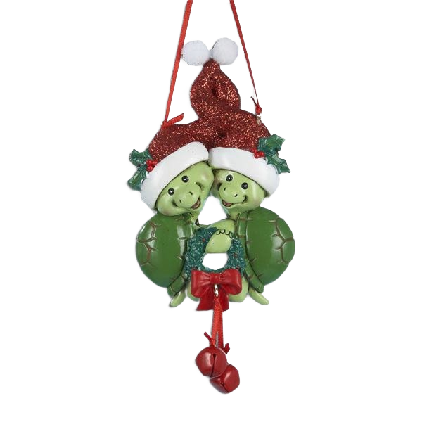 Pair of green resin turtles wearing glittery red Santa hats and holding a festive wreath holiday ornament under 50 dollars