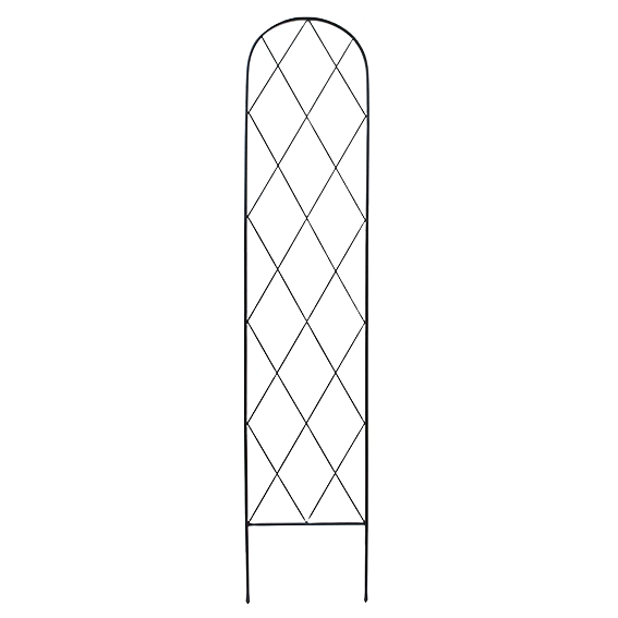 Black metal garden trellis with diamond pattern and rounded top for outdoor plant support and home improvement projects