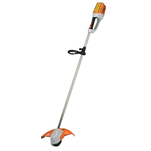 Battery-powered straight shaft trimmer with ergonomic handle and orange safety guard for tools and home improvement tasks