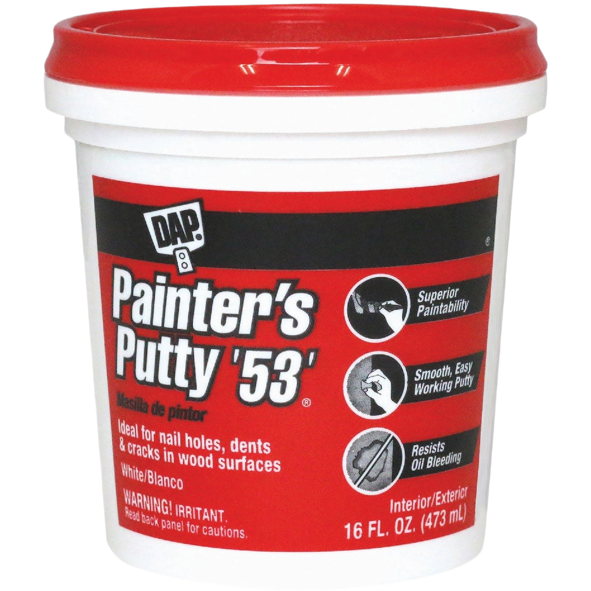 White container of DAP Painter's Putty '53' with red lid for filling nail holes and cracks in wood surfaces