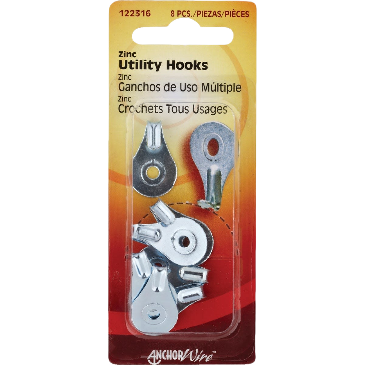 Zinc utility hooks in an 8-piece pack for versatile household use in hardware and fastener collections under $50