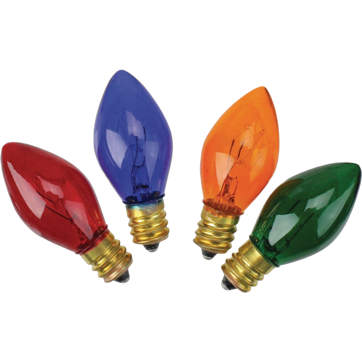 Four colorful replacement C7 light bulbs in red, blue, orange, and green for Christmas lights and home decor