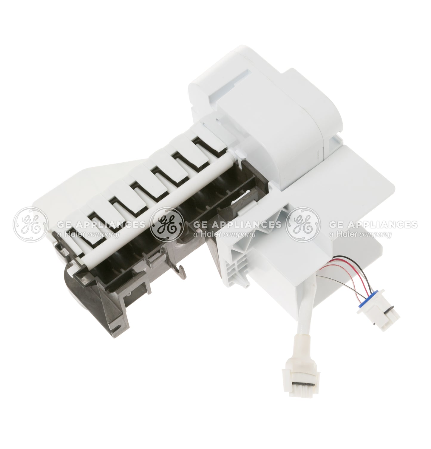 White plastic freezer ice maker assembly with wiring harness for select French-door refrigerators