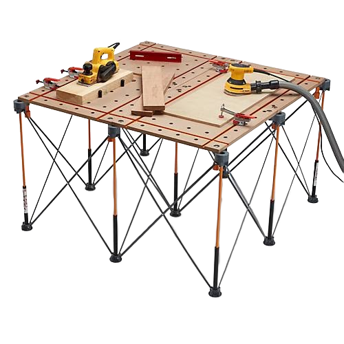 Work table with centipede T-track surface, adjustable legs, clamps, and woodworking tools for home improvement tasks