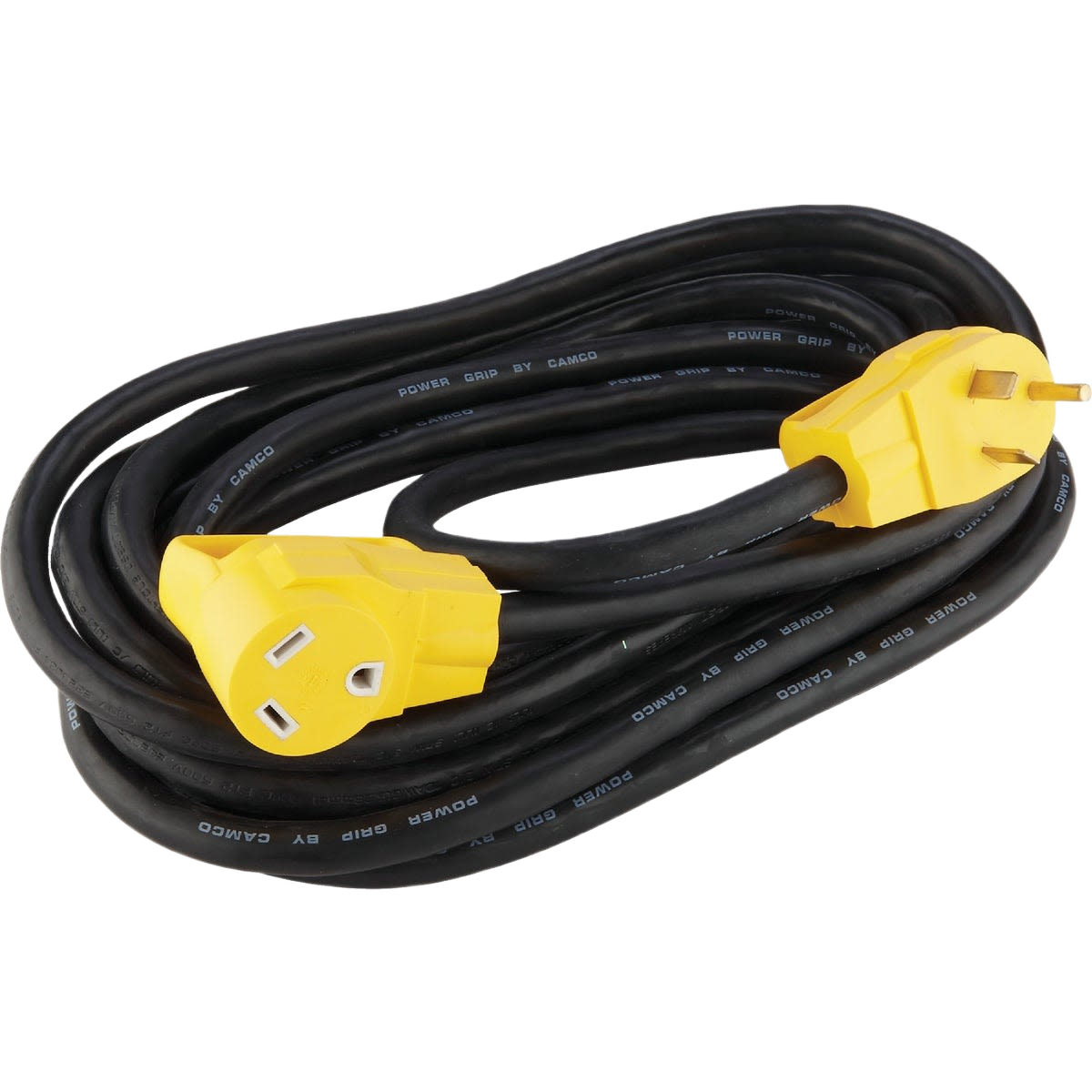 Heavy-duty black extension cord with bright yellow grip handles for secure connection in home improvement tasks