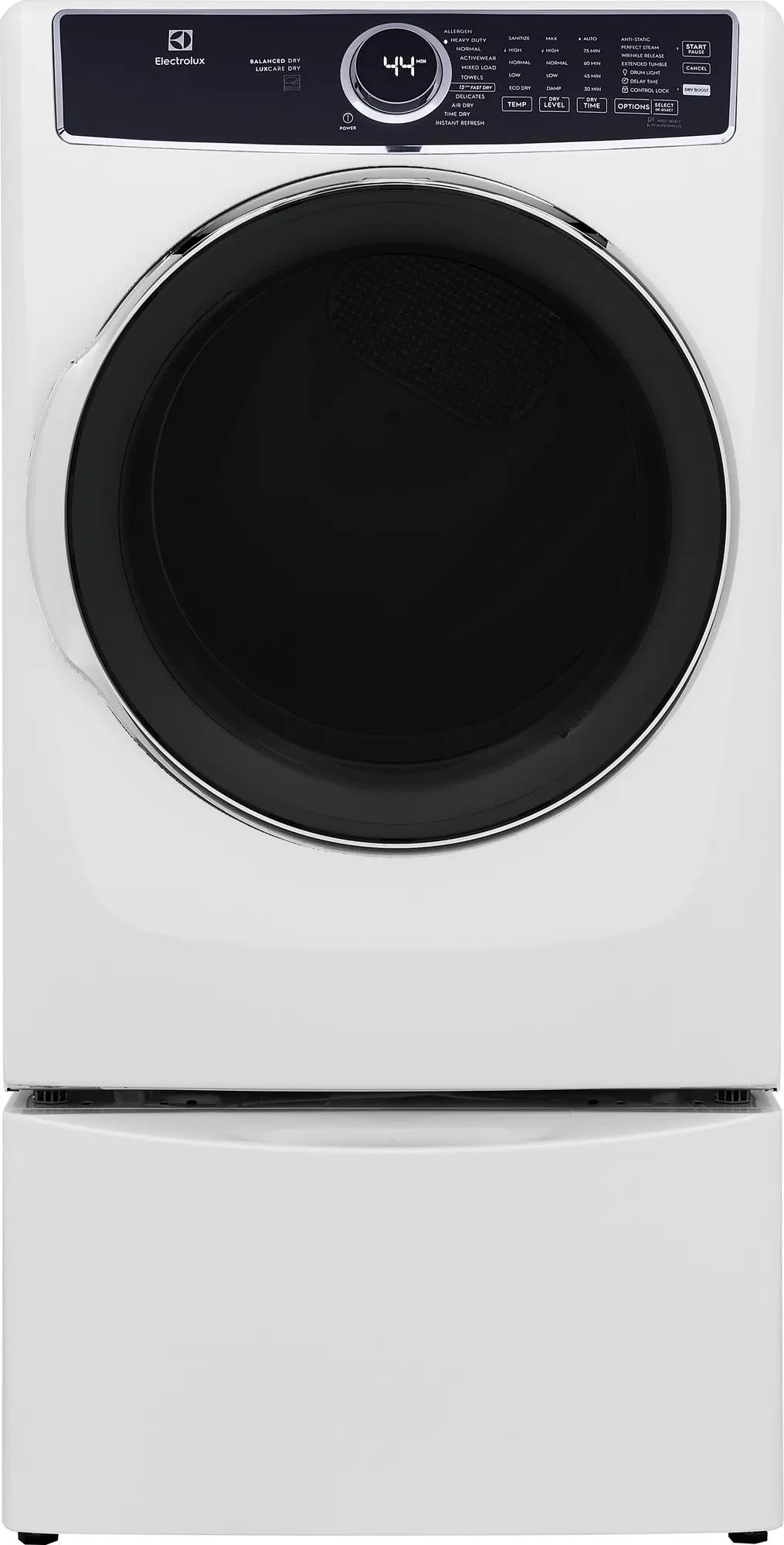 White front load electric dryer with large black door and digital control panel in modern appliances collection