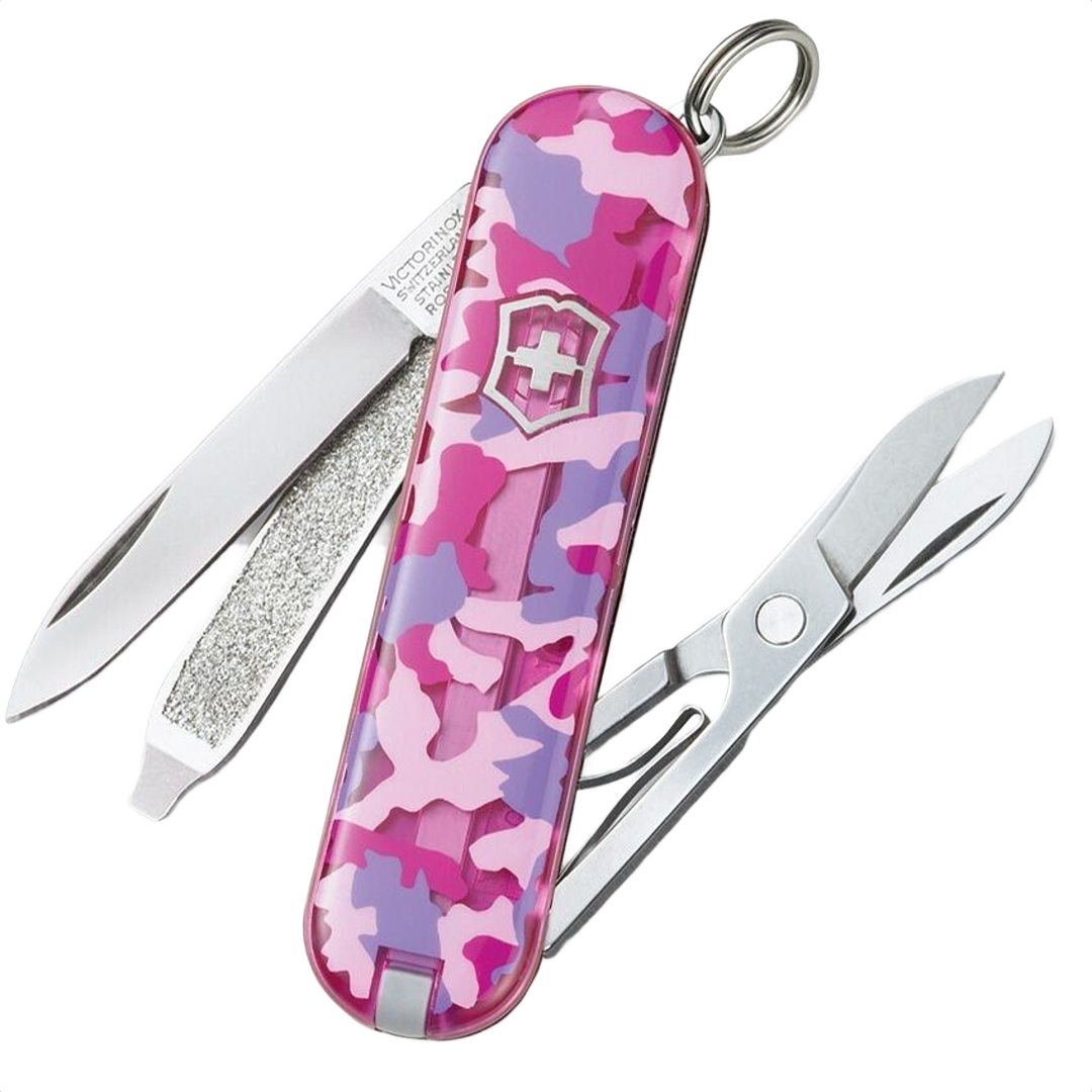 Pink camo Victorinox pocket knife with scissors, nail file, and blade, part of cutting and multi-tools collections