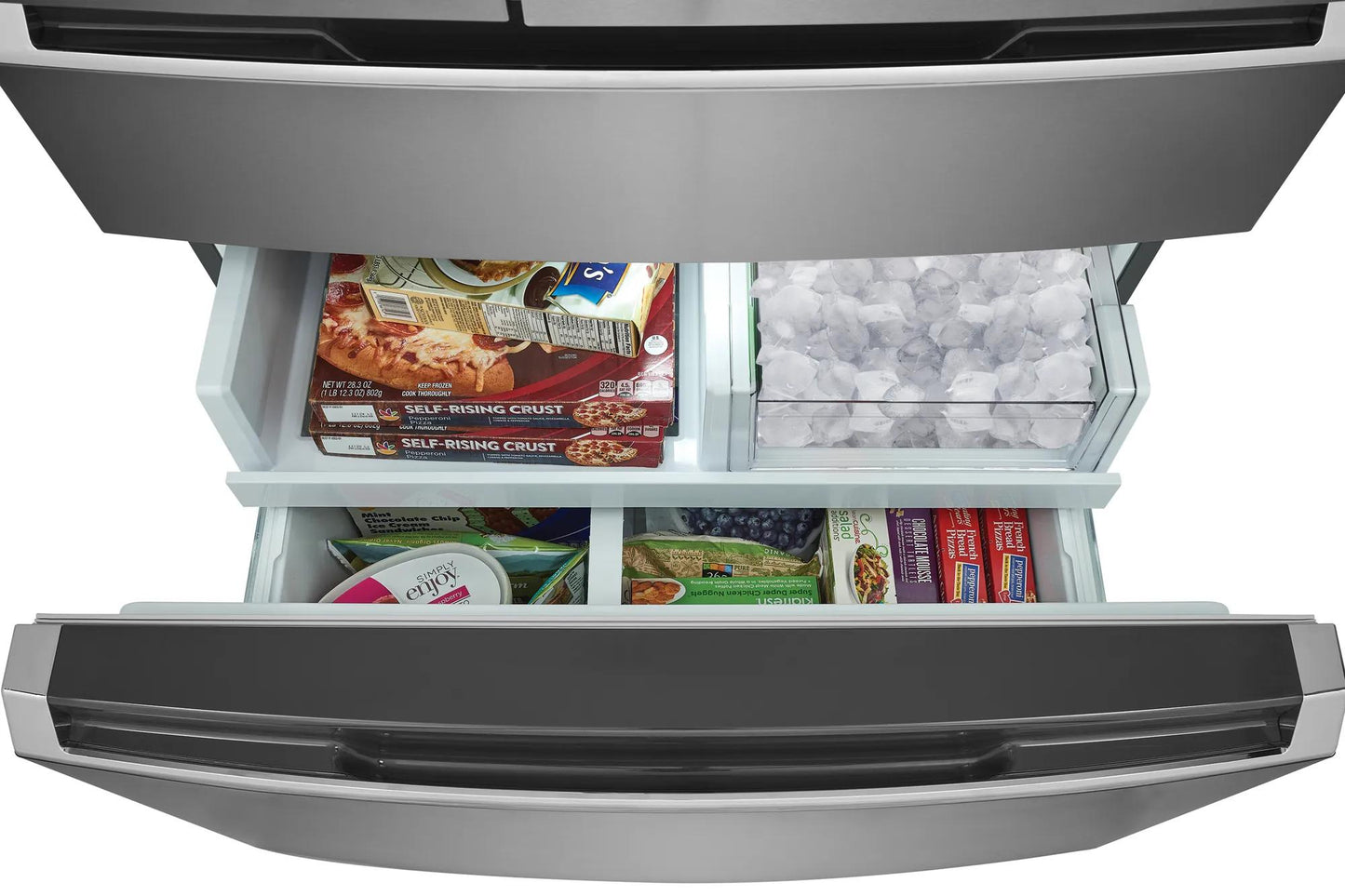 Open stainless steel freezer drawer in French door refrigerator showing organized frozen food items and ice compartment